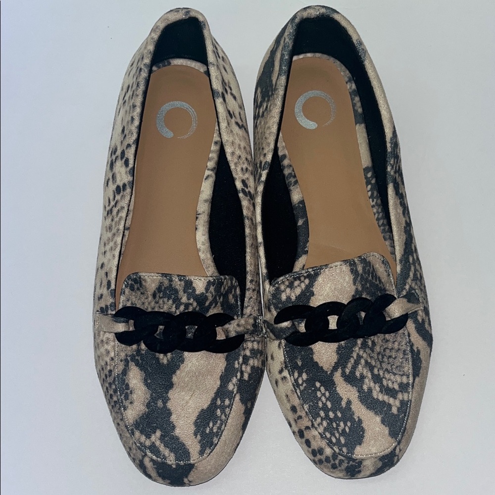 Journee Collection Snakeskin Design Loafers with Black Accent